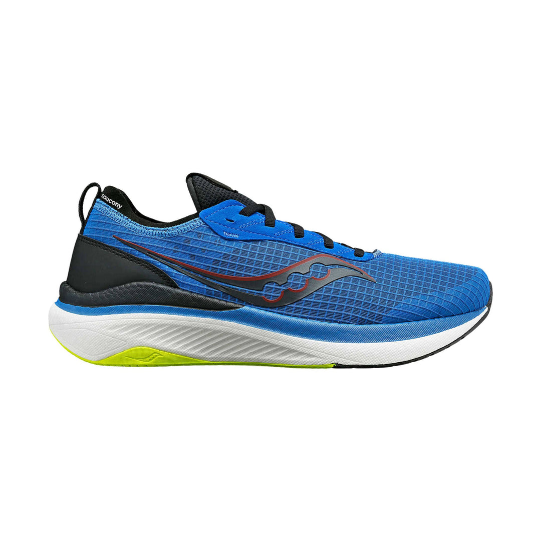 Blue running shoe with black heel counter, black laces, white midsole, and lime green outsole accent