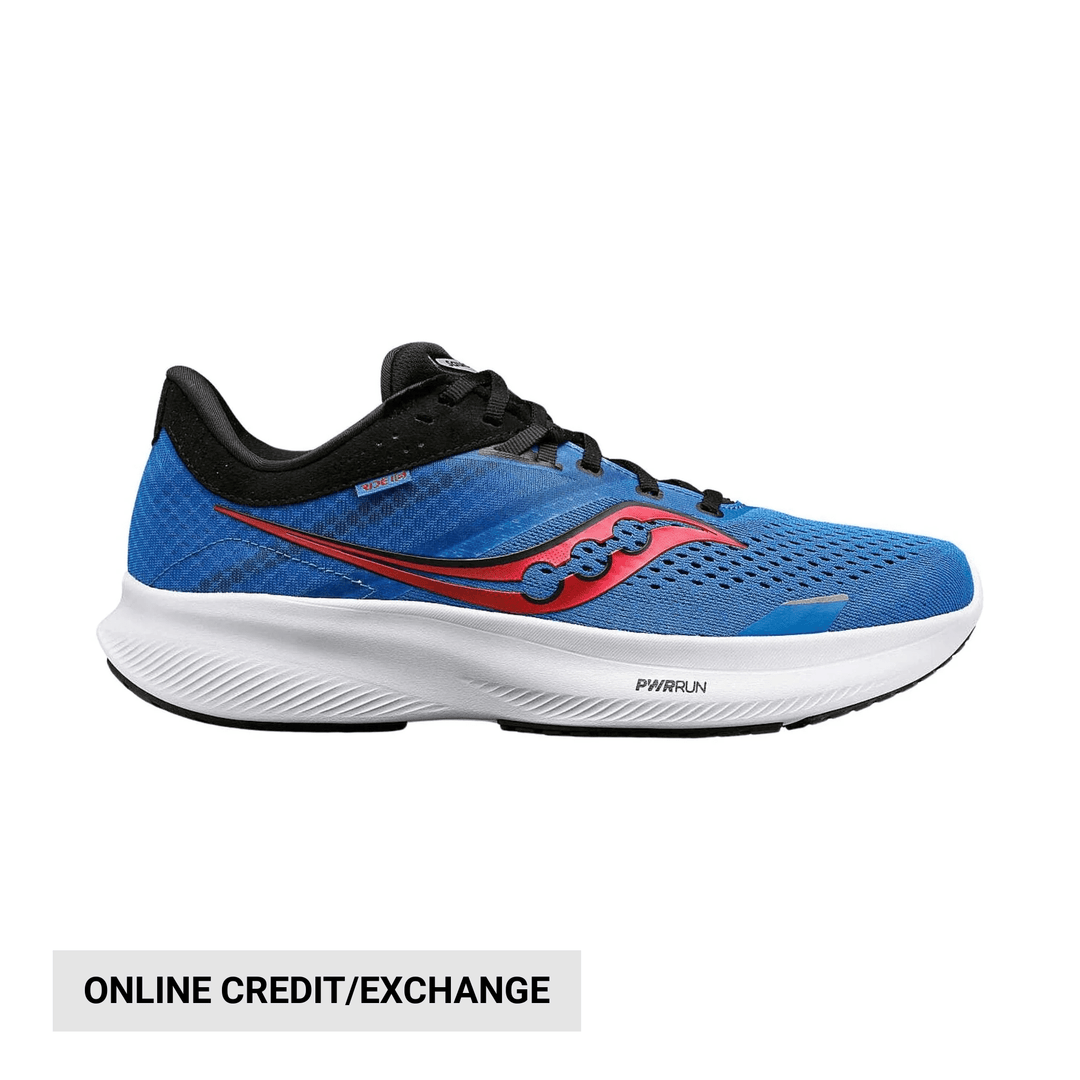 Blue and black running shoe with red side logo and white cushioned sole