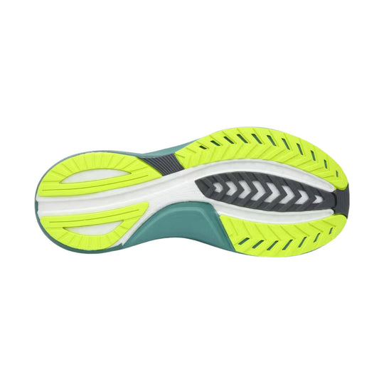 Neon yellow and teal running shoe outsole with gray traction insert