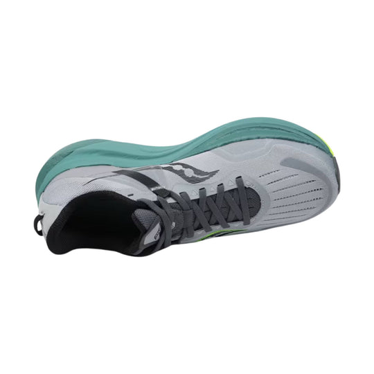 Gray running shoe with teal sole and black interior, shown from the side