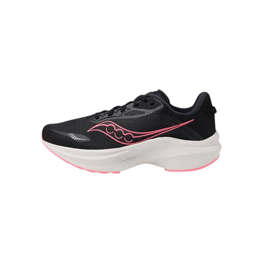 Black running shoe with pink side logo and white cushioned sole