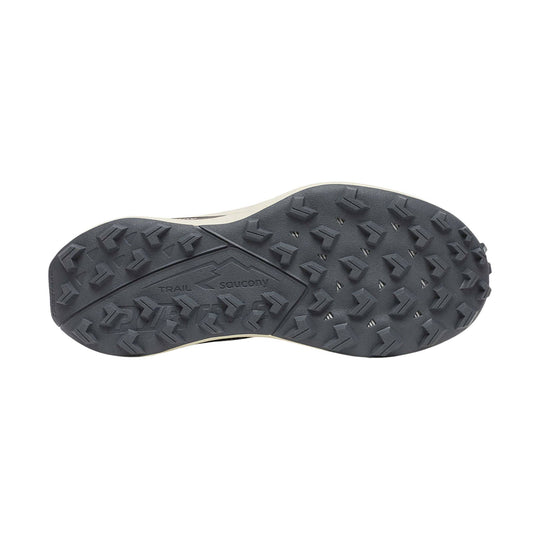 Black trail shoe outsole with aggressive lugs and visible Saucony and Trail markings