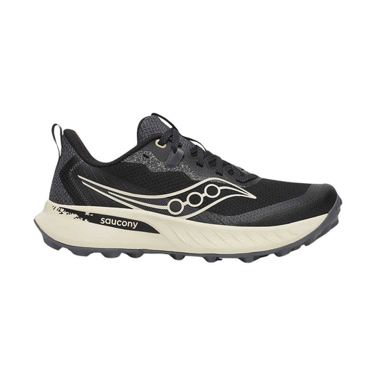 Black trail running shoe with cream midsole, lugged outsole, and side logo