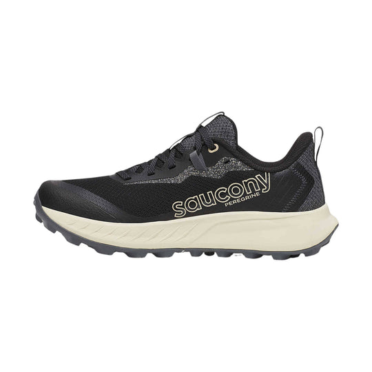 Black trail running shoe with cream midsole and visible Saucony branding