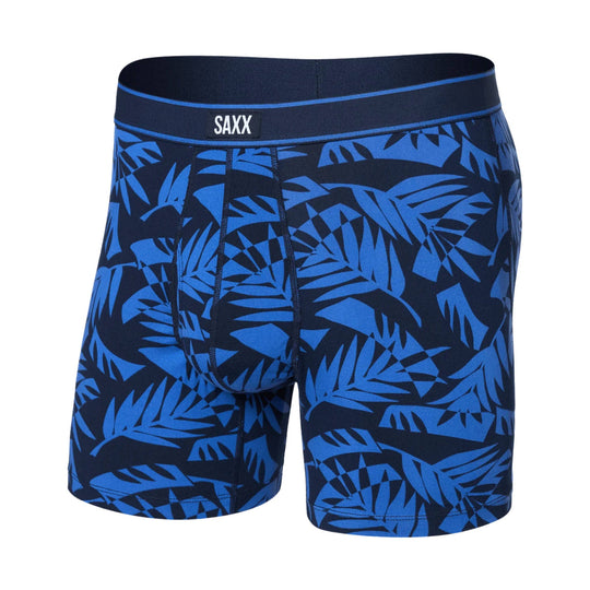 Blue-and-black patterned boxer briefs with a visible SAXX waistband logo