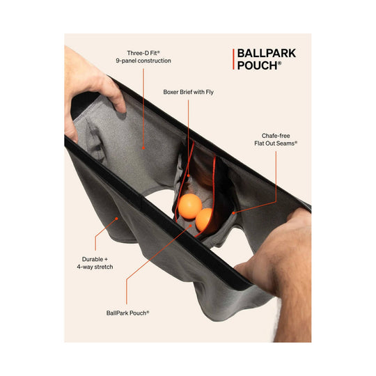 Gray boxer brief with a built-in pouch shown stretched open, with callouts for construction and seams.
