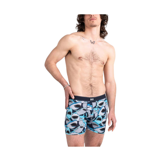 Men's boxer briefs with blue shark print and black waistband