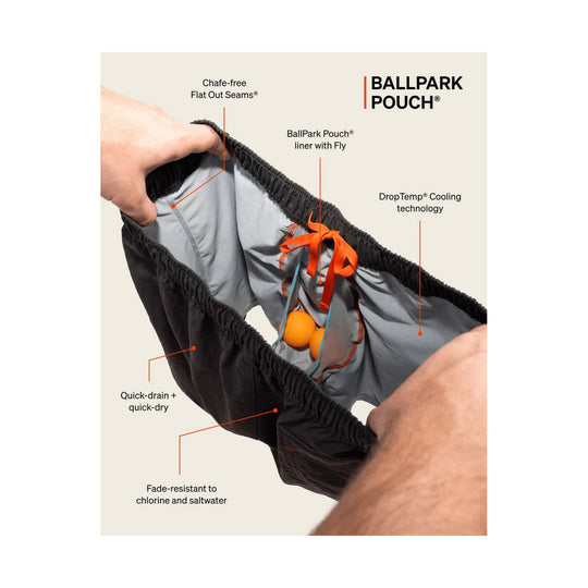 Black swim trunks with gray interior liner and orange drawstring, shown open to display features