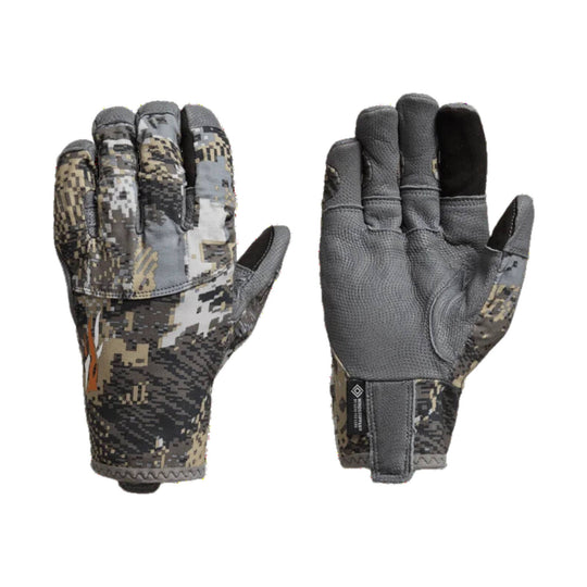 Pair of camouflage and gray gloves shown front and back on a white background