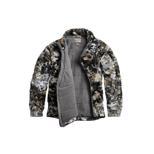 Camo zip-up jacket with gray quilted lining, shown open