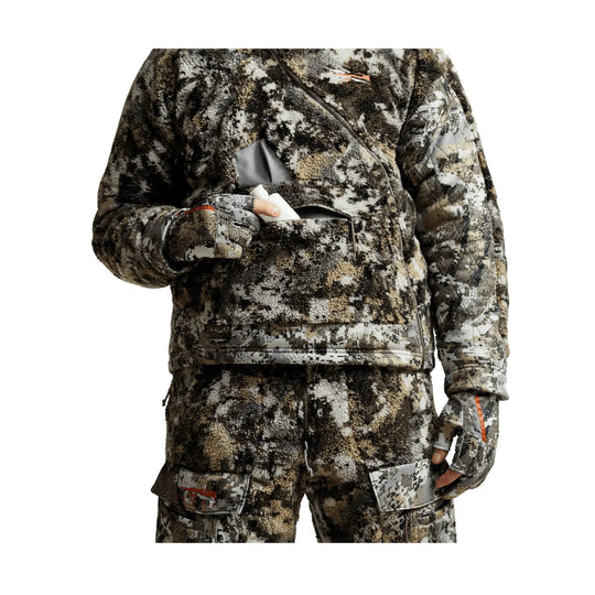 Camouflage fleece jacket with matching pants and gloves, shown front view with a chest pocket open