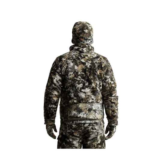 Camouflage hooded jacket shown from the back with matching pants and gloves