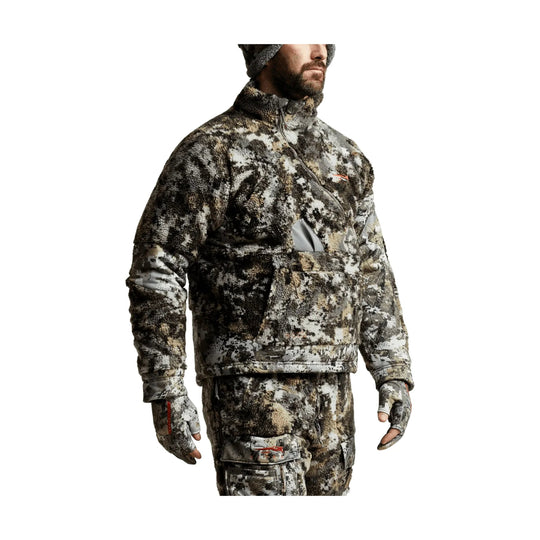 Camouflage fleece quarter-zip jacket with matching gloves and pants