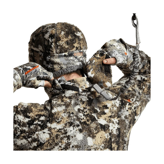 Camouflage fleece jacket with matching hood, gloves, and face covering