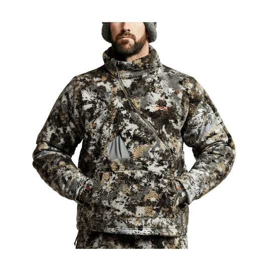 Camouflage fleece pullover jacket with quarter-zip collar, chest pocket, and hand pockets