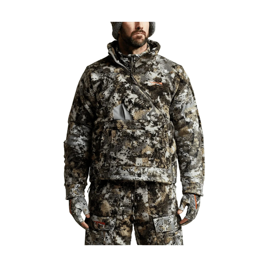 Camo fleece hunting jacket with quarter-zip hood, matching pants, and fingerless gloves
