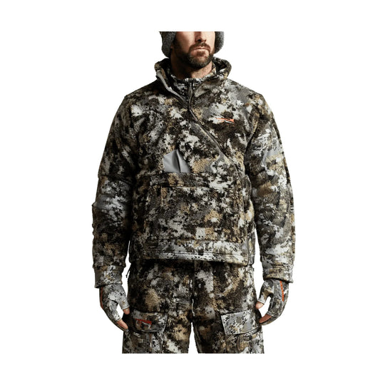 Camo fleece hunting jacket with quarter-zip hood, matching pants, and fingerless gloves