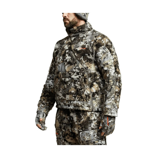 Camouflage fleece zip jacket with high collar and matching fingerless gloves