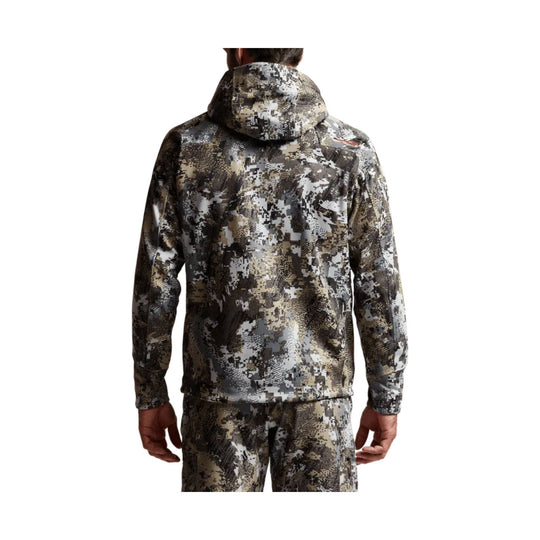 Camouflage hooded jacket shown from the back