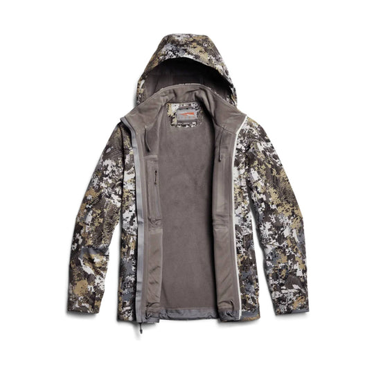 Hooded camouflage zip-front jacket with gray fleece lining