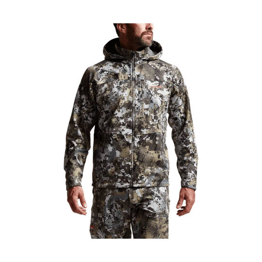 Camouflage hooded zip-up jacket with chest and sleeve pockets