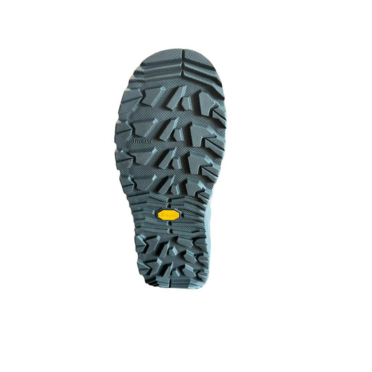 Dark gray boot outsole with deep tread and Vibram logo