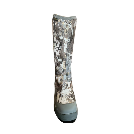 Tall camo waterproof hunting boot with a gray toe cap and rubber outsole