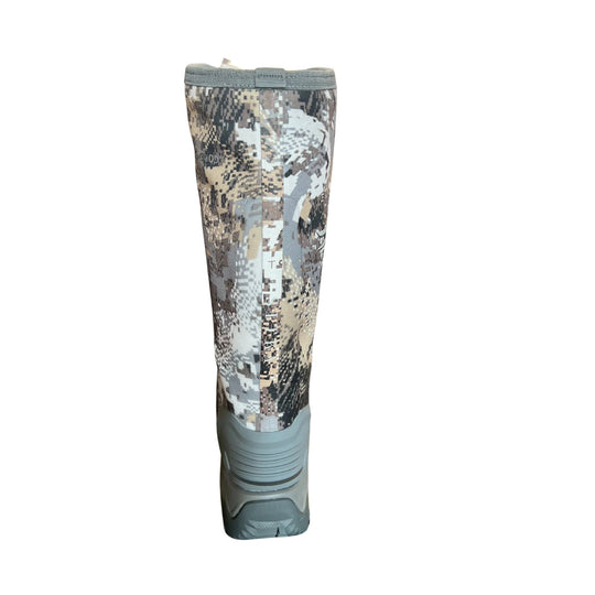 Tall camo rubber hunting boot with gray sole and textured heel