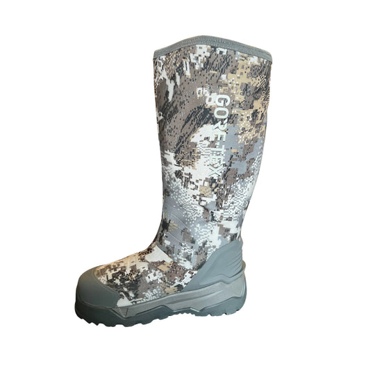 Camouflage knee-high rubber boot with black toe and gray sole, shown in side view