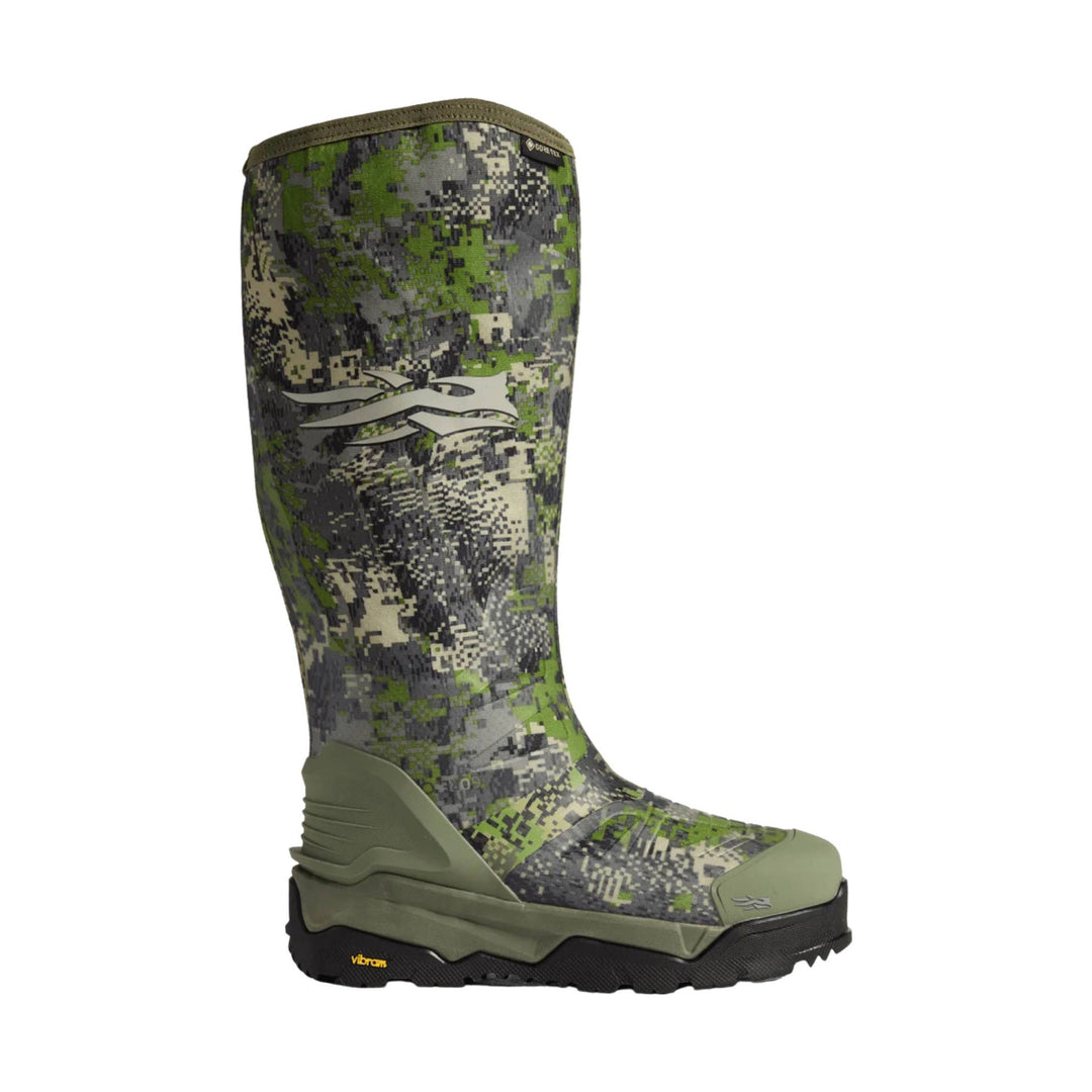 Tall camo rubber hunting boot with black lugged sole and olive lower shell