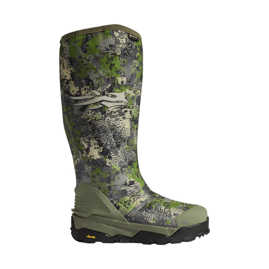 Tall camo rubber hunting boot with black lugged sole and olive lower shell