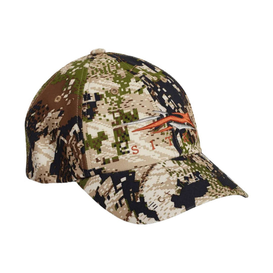 Camouflage baseball cap with orange bird logo and partial Sitka text