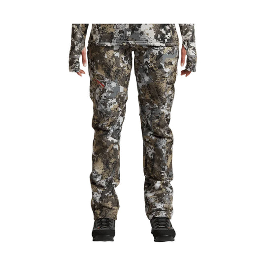 Camo hunting pants shown on a model, front view
