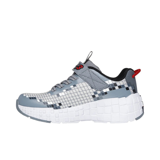 Gray and white kids' sneaker with a thick white platform sole, mesh upper, and red heel pull tab