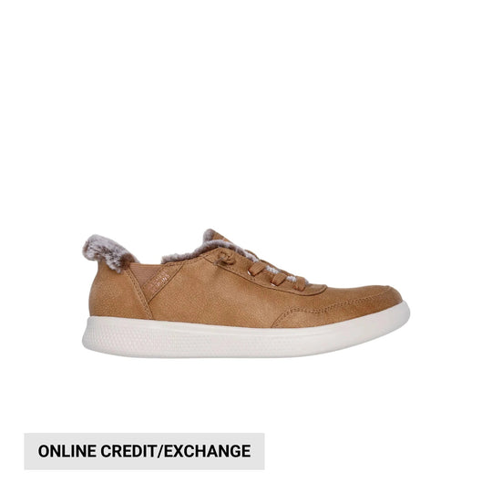 Tan lace-up sneaker with white sole and faux-fur lining, shown in side view