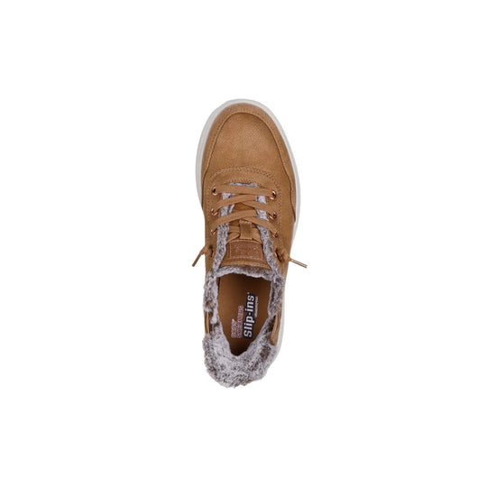 Tan lace-up sneaker with faux-fur lining and white sole, shown from above
