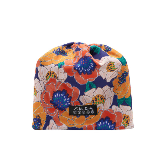 Floral-patterned knit beanie with a black Skida label
