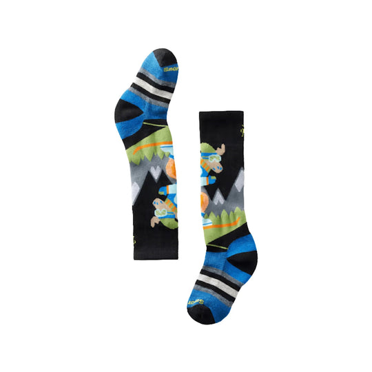 Black knee-high socks with blue, gray, green, and orange mountain moose pattern.