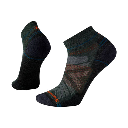 Pair of dark hiking ankle socks with blue and orange woven accents