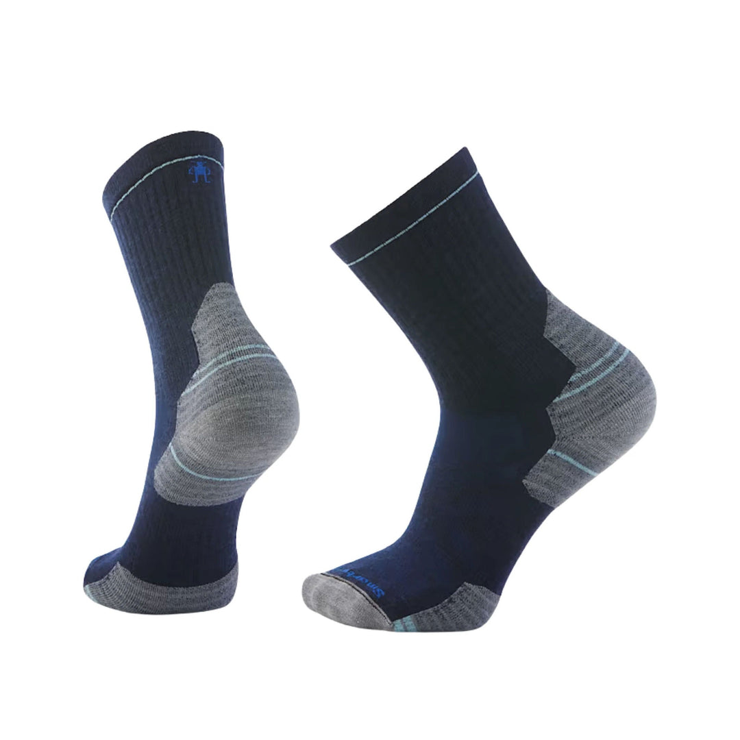 Pair of navy and gray mid crew hiking socks with cushioned heel and toe