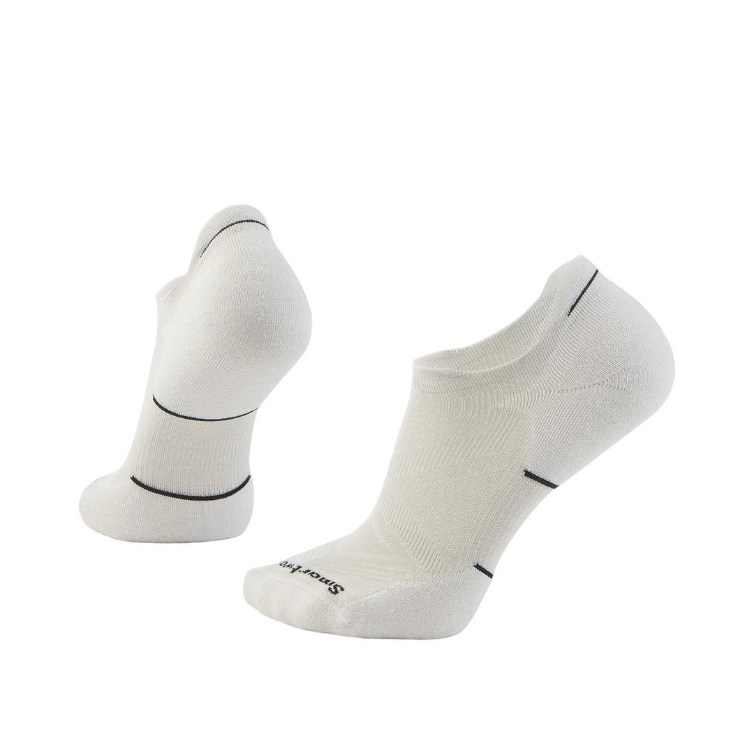 White no-show running socks with black stripe accents, shown in two side views