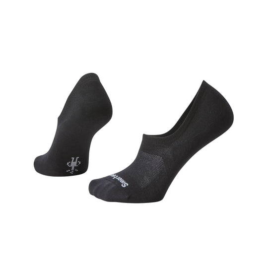 Pair of black no-show socks with low-cut heel and white logo text on the cuff