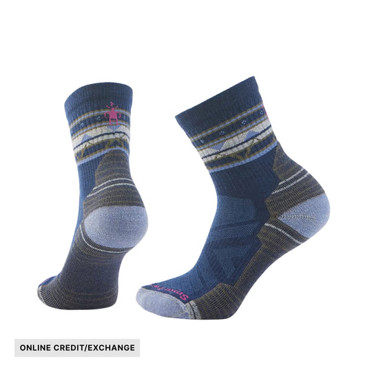Pair of blue and gray striped mid-crew hiking socks with cushioned heels, shown from front and side