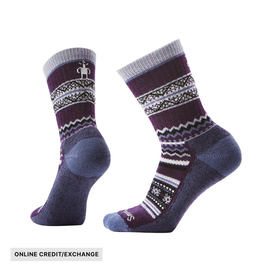 Pair of purple patterned crew socks with ribbed cuffs and gray toes, shown side by side
