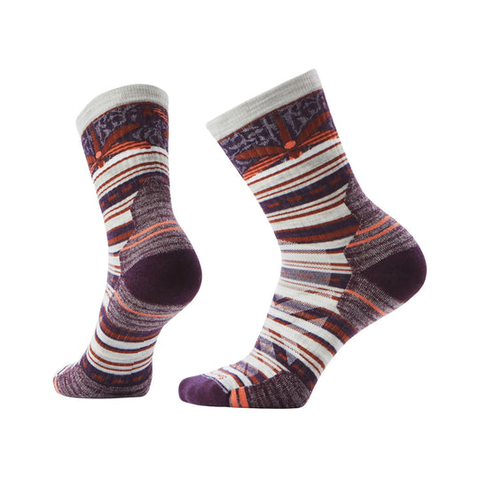 Pair of patterned mid crew socks in white, purple, rust, and orange stripes