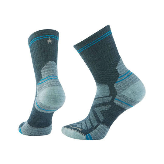 Pair of gray and blue patterned crew hiking socks