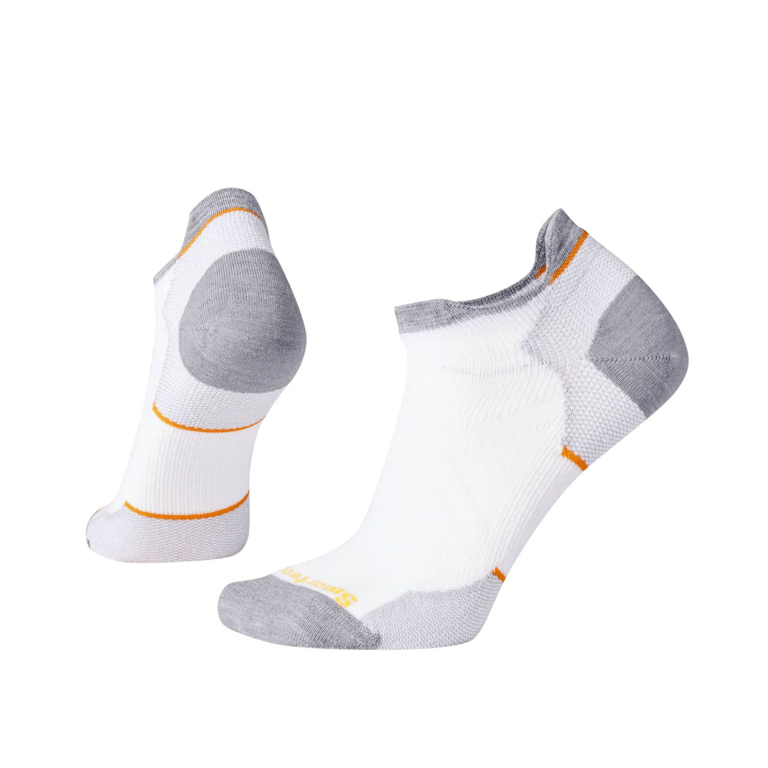 White ankle socks with gray heel and toe, orange accent stripes, shown in side and top views