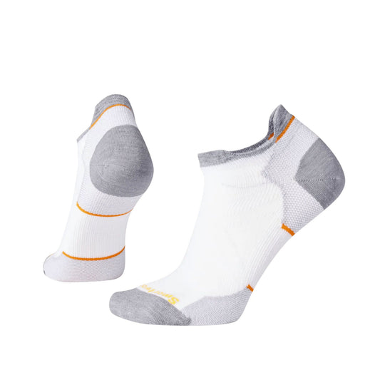 White ankle socks with gray heel and toe, orange accent stripes, shown in side and top views