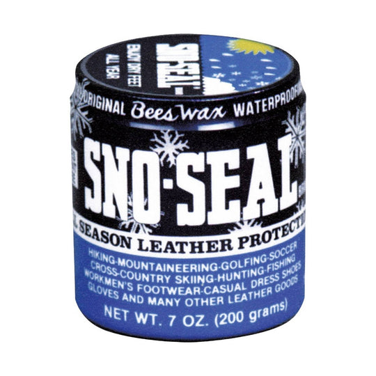Sno-Seal container with blue and black label on a white background