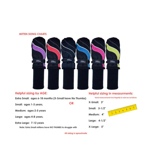 Kids mitten sizing chart with six black mittens in purple, red, navy, blue, pink, and lime accents plus age and hand measurement guides